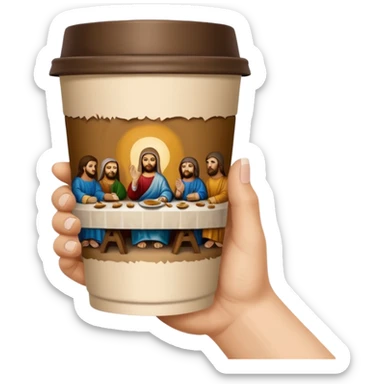 una mano con un bicchiere di carta con dipinto sopra l'ultima cena sticker