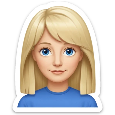 50 yr old white woman, curtain bangs, very long straight blond hair, oval face, small smile, blue eyes, thin face, hair down to elbows sticker