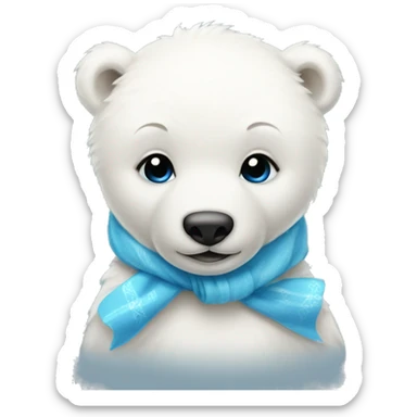 Baby Polar bear wearing a blue bow on its head and a matching scarf sticker