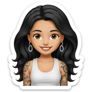 a pretty tan bratz girl with long wavy black hair, wearing a white tank top. with full tattoos sticker
