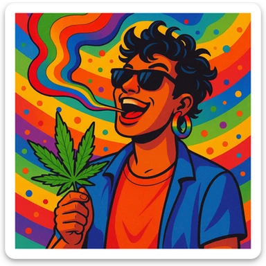 A cool man with rainbow earrings, blowing smoke shaped like a rainbow, holding a weed leaf, energetic and fun, LGBTQ+ pride theme sticker