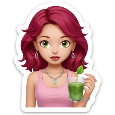 a pretty fair bratz girl with wavy dark red hair, wearing a pink tank top . silver dainty layered necklaces, carrying a matcha sticker