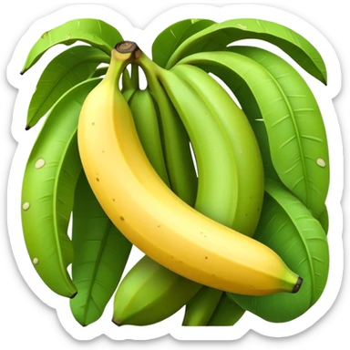 Cinematic Realistic Banana Emoji, Bright and cheerful, with a smooth, yellow peel slightly speckled with spots, revealing a soft, sweet interior. The banana is curved elegantly, standing out against the soft green leaves. Soft glowing outline, capturing the essence of tropical sweetness and energy in a ripe banana. sticker