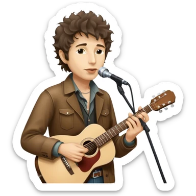 Icon for Folk Music: Bob Dylan with his harmonica and acoustic guitar, performing with his band on stage. The atmosphere should be intimate and nostalgic, capturing the soul of folk music with simple instruments and natural vibes. Transparent background. sticker
