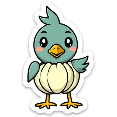bird with a body like a garlic bulb, cartoonish sticker style sticker