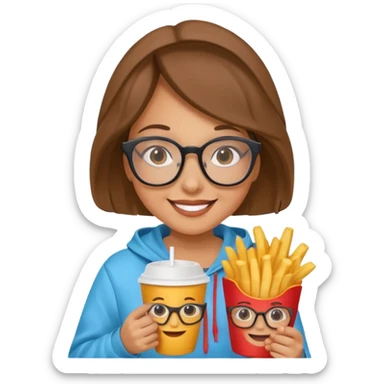 Woman with Glasses & Fries – cheerful woman in hoodie, holding paper cup of fries.





































 sticker