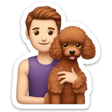 Dark brown haired white man without beard and Red haired white girl with straight hair holds red toy poodle sticker