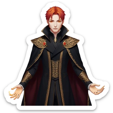 A tall and strikingly elegant High Fae male with fiery red hair, his golden eyes gleaming with cunning intelligence. He wears a luxurious black coat trimmed with copper embroidery, the fabric lined with fine gold stitching. His posture is relaxed yet calculated, his expression unreadable—except for the ghost of an arrogant smirk playing at his lips sticker