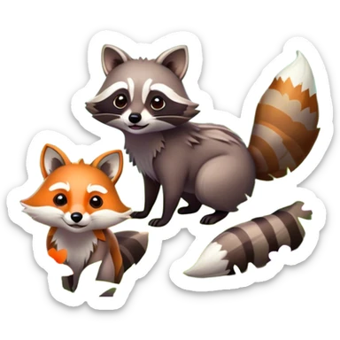 raccoon and a fox among a colorful forest with vibrant green trees, bushes and flowers. The animals are in the foreground, surrounded by a lush, bright forest, with soft sunlight filtering through the leaves. A playful photo-realistic and wild scene with a transparent background. sticker