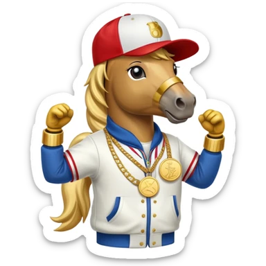 anthropomorphised horse dressed like a member of RUN DMC, hip-hop outfit, gold medal, baseball hat sticker