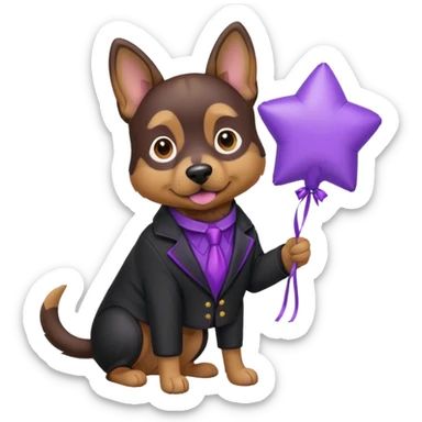 Dog hold purple star shape balloon, black jacket sticker