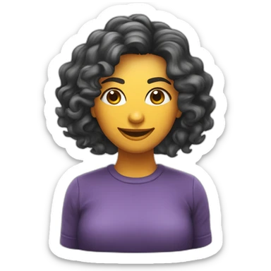 Uma mulher branca de cabelo curto cacheado usando uma câmera fotográfica sticker