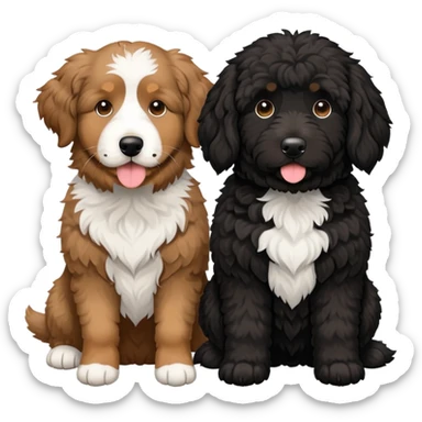2 dogs, one is a light brown Aussie doodle. the other is a All black Berenedoodle with white eyebrows . Make both same size sticker