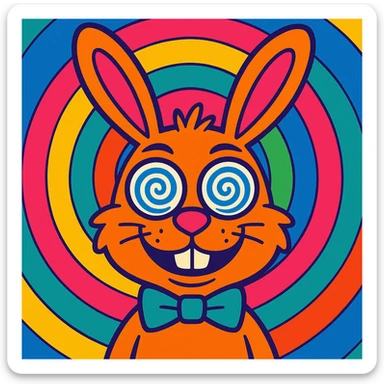 a hypnotic rabbit with swirling eyes, mesmerizing expression, and a spiral background, vibrant colorful style sticker