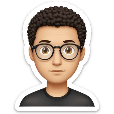 Man with small oval face and big forehead, aviator-style glasses, very short dark curly hair with skin fade (no hair on sides), neutral-friendly expression, light brown skin, wearing a black shirt sticker