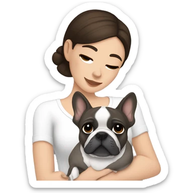 Brunette and brown eyes woman hugging grey French bulldog sticker