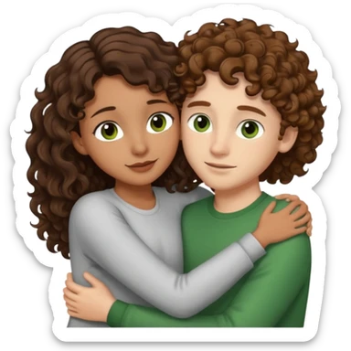 light brown skinned girl with long and dark brown wavy hair and brown eyes hugging and being loving with white boy with light brown and very curly short hair and green eyes  sticker