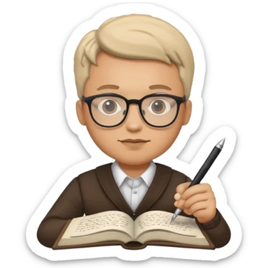 man hold a pen in hand write in book , wearing glasses sticker