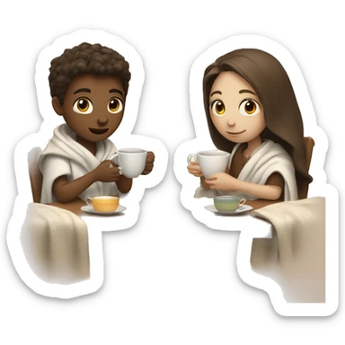a boy and a girl with brown hair and white skin covered in a blanket are drinking tea sticker