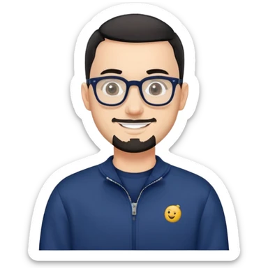 Fair-skinned man with extremely short black hair (very close buzz cut), short salt and pepper beard, large black-framed glasses, smiling, wearing navy blue long sleeve zip sweatshirt sticker