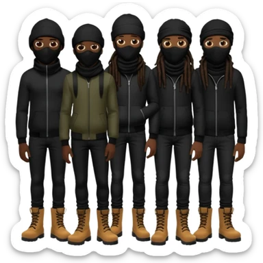 Group of African American men with dreadlocks wearing black ski masks covering their face wearing black skinny jeans and black timberland boots sticker