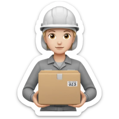 Tengo que dar una capacitacion de orgonomia, necesito un emoji de un operario con casco blanco y buzo gris de manga larga que levante una caja cerrada con las dos manos a la altura de los hombros y que tenga cara de esfuerzo fisico. Que no este saludando, las dos manos sosteniendo la caja sticker