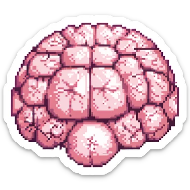 16-bit pixel art of a pink brain-shaped blob, smooth rounded brain texture, simple retro gaming style sticker
