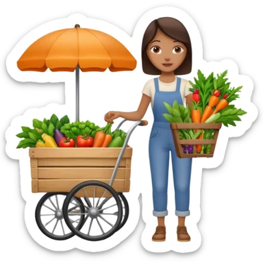 Shopper with flower bouquet,Farmers’ Market, background veggies cart. sticker