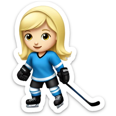 Baby girl with blond hair and blue eye, she has a helmet on her head she is playing ice hockey in black and white and yellow dress  sticker