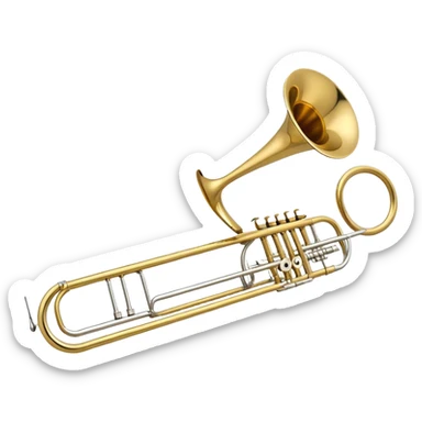 Create an elegant and detailed emoji representing the Bach Bb/F tenor trombone. The design should feature the smooth, shiny brass body of the trombone, showcasing its large, flared bell and curved tubing. Highlight the tuning slide with its polished metal finish, and the mouthpiece should be clearly visible. The trombone’s surface should have a gleaming brass tone with subtle silver accents around the mouthpiece and slide. Add a few musical notes or soundwaves emanating from the bell to emphasize the powerful sound of the trombone. Use golden and brass tones with reflective light effects to enhance the trombone’s professional and high-quality appearance. The background should be transparent. sticker