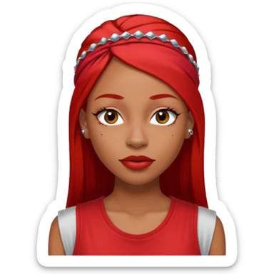 light-skinned black girl with very long eyelashes with long strait dark brown hair with edges wearing a red top with no sleeves. and a red accessory on her head with nose and mouth piercings and is a baddie and looks like a bad girl. sticker