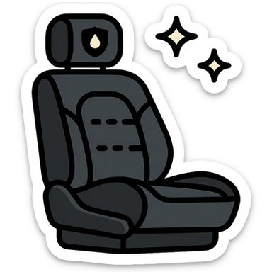 luxury car seat icon in matte black with a small droplet or shield on the headrest, elegant stitching, minimalist lines, extra shine and sparkling effects, modern and clean style, no text sticker