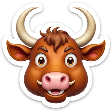Cinematic Comical Domestic Ox Portrait Emoji, Head tilted dramatically with an exaggeratedly amused expression, featuring a striking, glossy hide with boldly curved horns and wide, expressive eyes brimming with playful disbelief, Simplified yet hilariously expressive features, highly detailed, glowing with a slightly sassy earthy glow, high shine, dramatic yet playful, stylized with an air of cheeky rural mischief, soft glowing outline, capturing the essence of a spirited and over-the-top ox that looks ready to charge its way into internet fame instantly! sticker