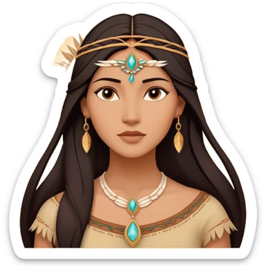 Cinematic Radiant Pocahontas Portrait Emoji, rendered in a vector-style with clean lines. Show Pocahontas with luminous, sun-kissed skin and flowing dark hair adorned with subtle natural ornaments, her expression calm and kind, dressed in simple traditional attire with earthy tones. The image glows softly with a warm, inviting radiance, enhanced by a soft glowing outline. sticker