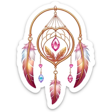 Reddish-pinkish and gold and white warm-colored romantic lush beautiful pretty hanging crystal-catcher aesthetic with hearts and sparkles and feathers sticker