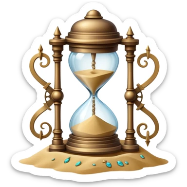 A timekeeping beast with eyes and an hourglass-shaped torso filled with enchanted sand that flows upward instead of down, surrounded by clockwork appendages that tick in rhythm with nearby life forces. sticker