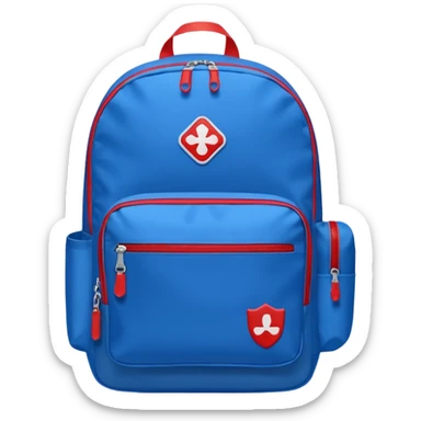 blue backpack with two diveded logo (leftside white, right side red) at the bottom pocket

 sticker