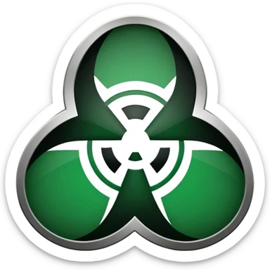 Minimalist emoji-style sticker of a fractured biohazard symbol with a small eye in the center. Stylized, geometric, no text.
 sticker