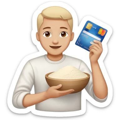 Happy with creditcard and pile of flour sticker