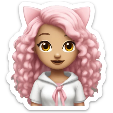 make a girl Roblox character add Preppy front tied top add white skirt blush add Pink Layered Kawaii Hair w/ Fluffy Kitty Beanie add Animated emoji Face drawing only face and all emotion  sticker