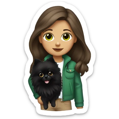 girl with brown long hair, green eyes, rad jacket holding a black Pomeranian spitz dog sticker