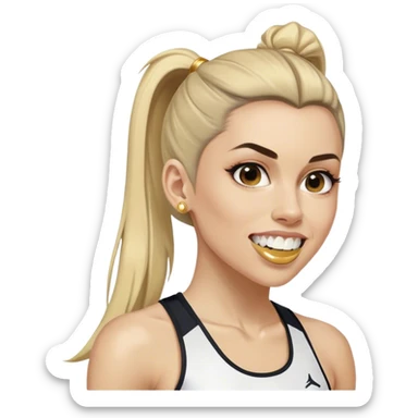 Melanie chisholm with a high ponytail wearing athletic attire and a gold tooth sticker