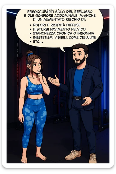 TRASFORMA QUESTO CAROSELLO IN UN FUMETTO STILE WEBTOON/MANGA A COLORI CON QUESTE DUE PERSONE IDENTICHE CHE INTERLOQUISCONO TRA LORO, L'uomo sta spiegando alla donna questo concetto MENTRE LA DONNA SI TIENE L'INDICE SUL MENTO ASCOLTANDOLO PENSIEROSA:

Se hai un problema di baricentro, inoltre, non dovresti preoccuparti solo del reflusso e del gonfiore addominale, ma anche di un aumentato rischio di:
    • dolori e rigidità diffuse
    • disturbi pavimento pelvico
    • stanchezza cronica o insonnia
    • inestetismi visibili, come celluluite
    • etc… sticker