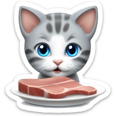 blue eyes grey kitten eat plate meat sticker