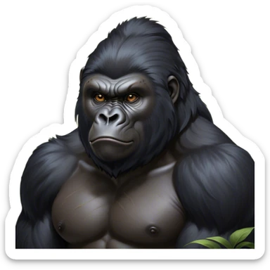 Cinematic Noble mountain Gorilla Portrait Emoji, Poised and majestic, with a powerful, muscular frame accentuated by a distinguished black and grey mane and piercing, wise eyes, Simplified yet sharp and sophisticated features, highly detailed, glowing with a soft, regal jungle glow, high shine, intelligent and commanding, stylized with an air of imperial strength, focused and resolute, soft glowing outline, capturing the essence of a watchful guardian that feels as though it could step out of the screen with effortless authority! sticker