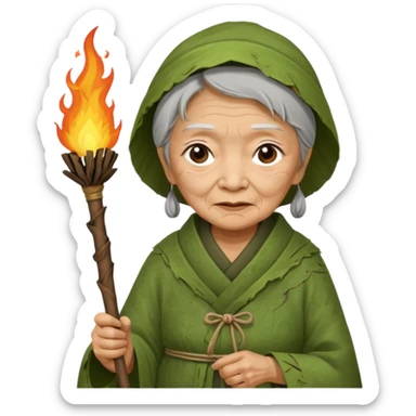 ancient asian old woman, tattered leaf green cloth, hold fire stick sticker