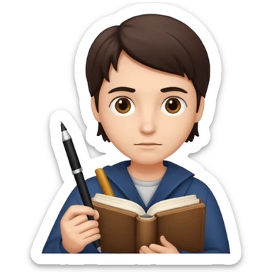 writer holding pen and book sticker