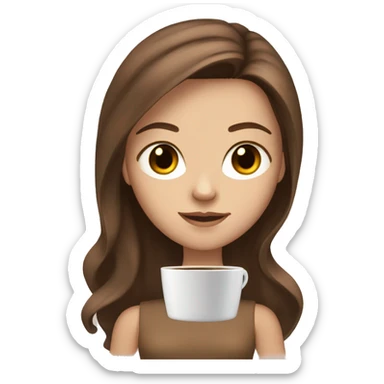 white girl with long brown hair, brown eyes, with a pc and coffee sticker