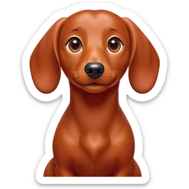 Cinematic Cute Red Dachshund Portrait Emoji, Head tilted playfully and inquisitively, featuring a glossy red coat with a sleek sheen, round, sparkling brown eyes filled with curiosity, Simplified yet irresistibly adorable features, highly detailed, glowing with a warm, friendly glow, high shine, affectionate and spirited, stylized with a touch of whimsy, bright and endearing, soft glowing outline, capturing the essence of a mischievous yet loving pup, so playful it feels like it could dash out of the screen and into your arms! sticker