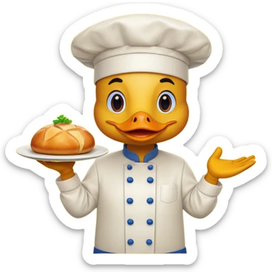 A duck in chef hat presenting a plate of fancy cuisine proudly wearing yellow apron sticker